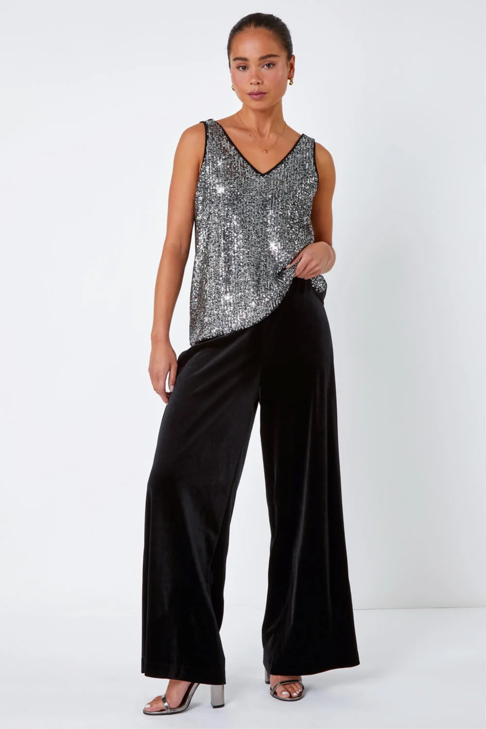 Roman Black Petite Wide Leg Velvet Stretch Trouser - 8 Image 3