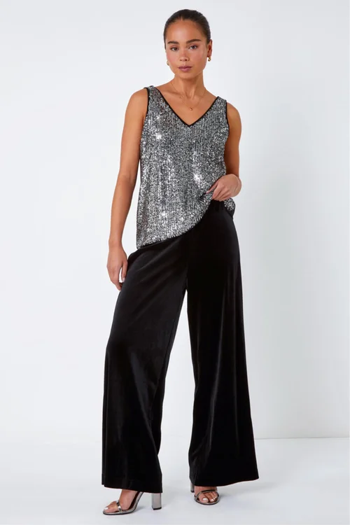 Roman Black Petite Wide Leg Velvet Stretch Trouser - 8 Image 3