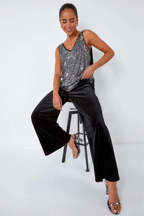 Roman Black Petite Wide Leg Velvet Stretch Trouser - 8 Image 2