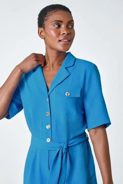 Roman Light Blue Textured Tie Waist Playsuit - Size 20 Image 3