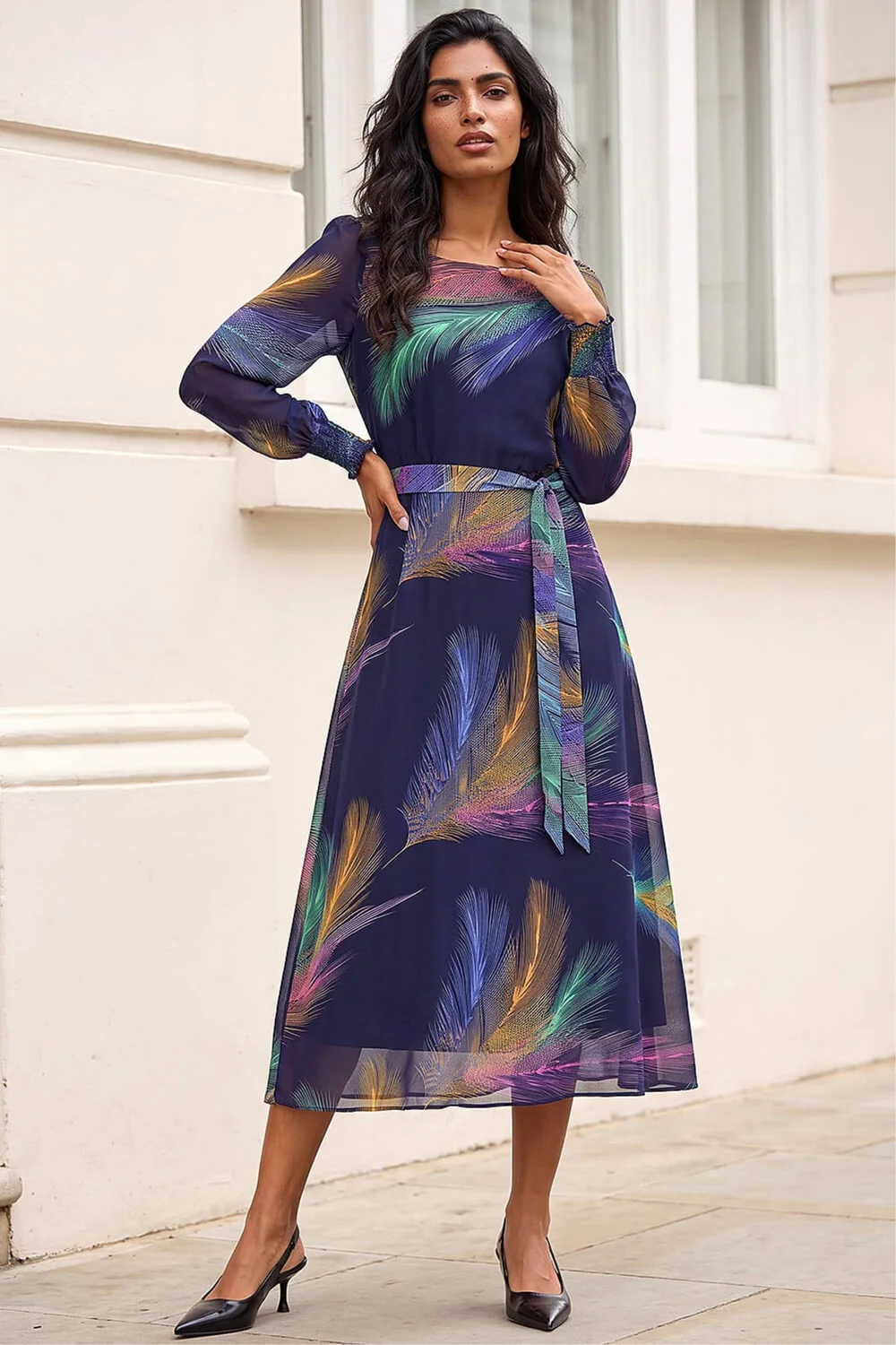 Roman Purple Feather Print Belted Midi Dress - 10 Image 2