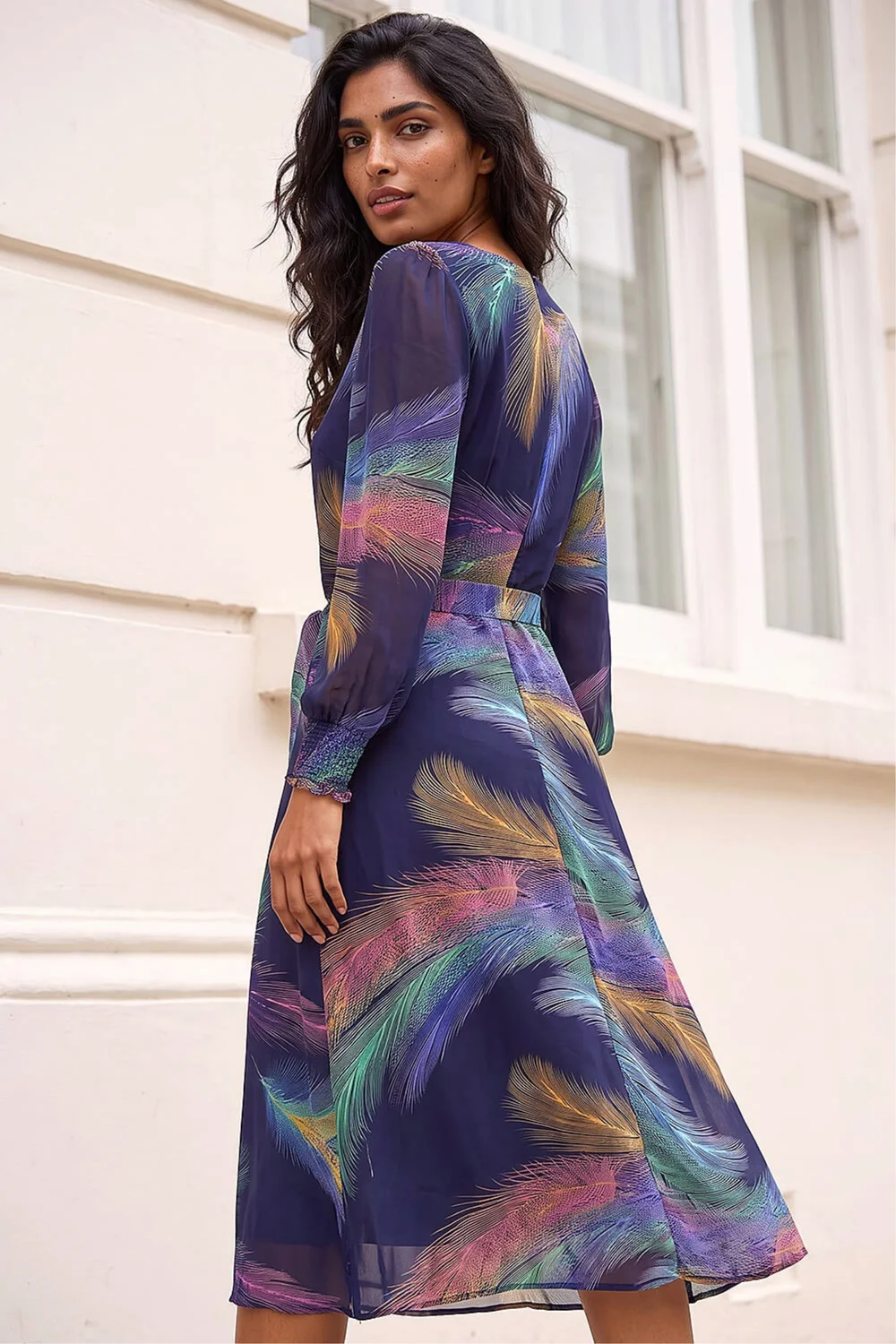 Roman Purple Feather Print Belted Midi Dress - 10 Image 3