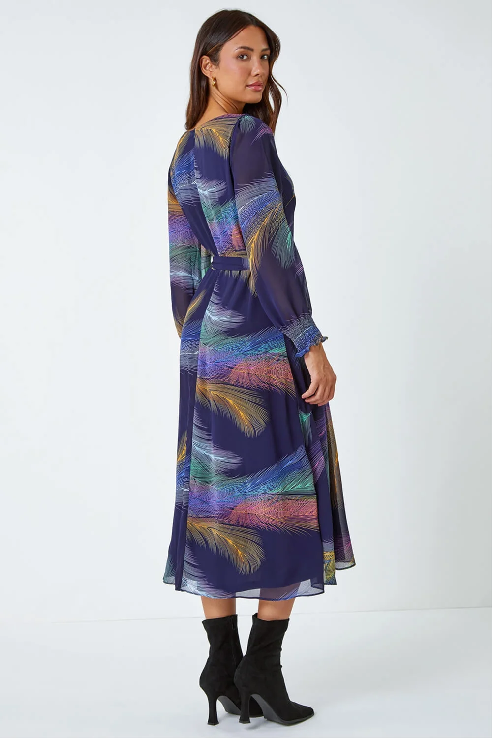 Roman Purple Feather Print Belted Midi Dress - 20 Image 3