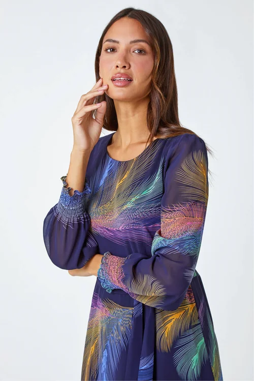 Roman Purple Feather Print Belted Midi Dress - 20 Image 4
