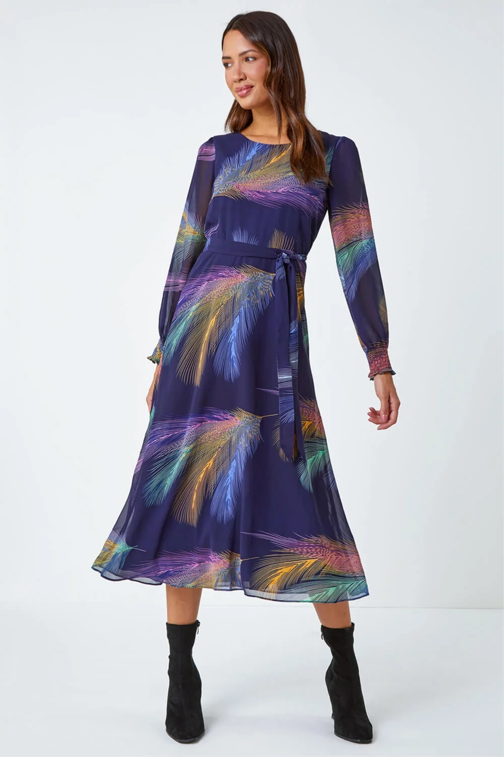 Roman Purple Feather Print Belted Midi Dress - 20 Image 2