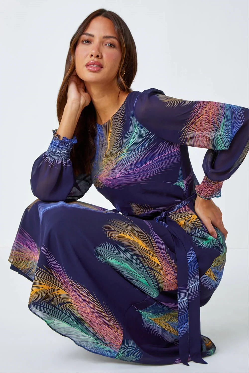 Roman Purple Feather Print Belted Midi Dress - 20 Image 1