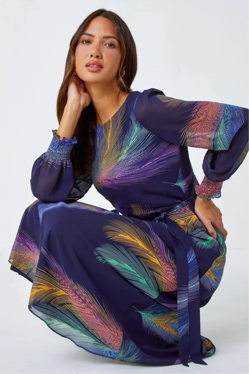 Roman Purple Feather Print Belted Midi Dress - 20 Image 1