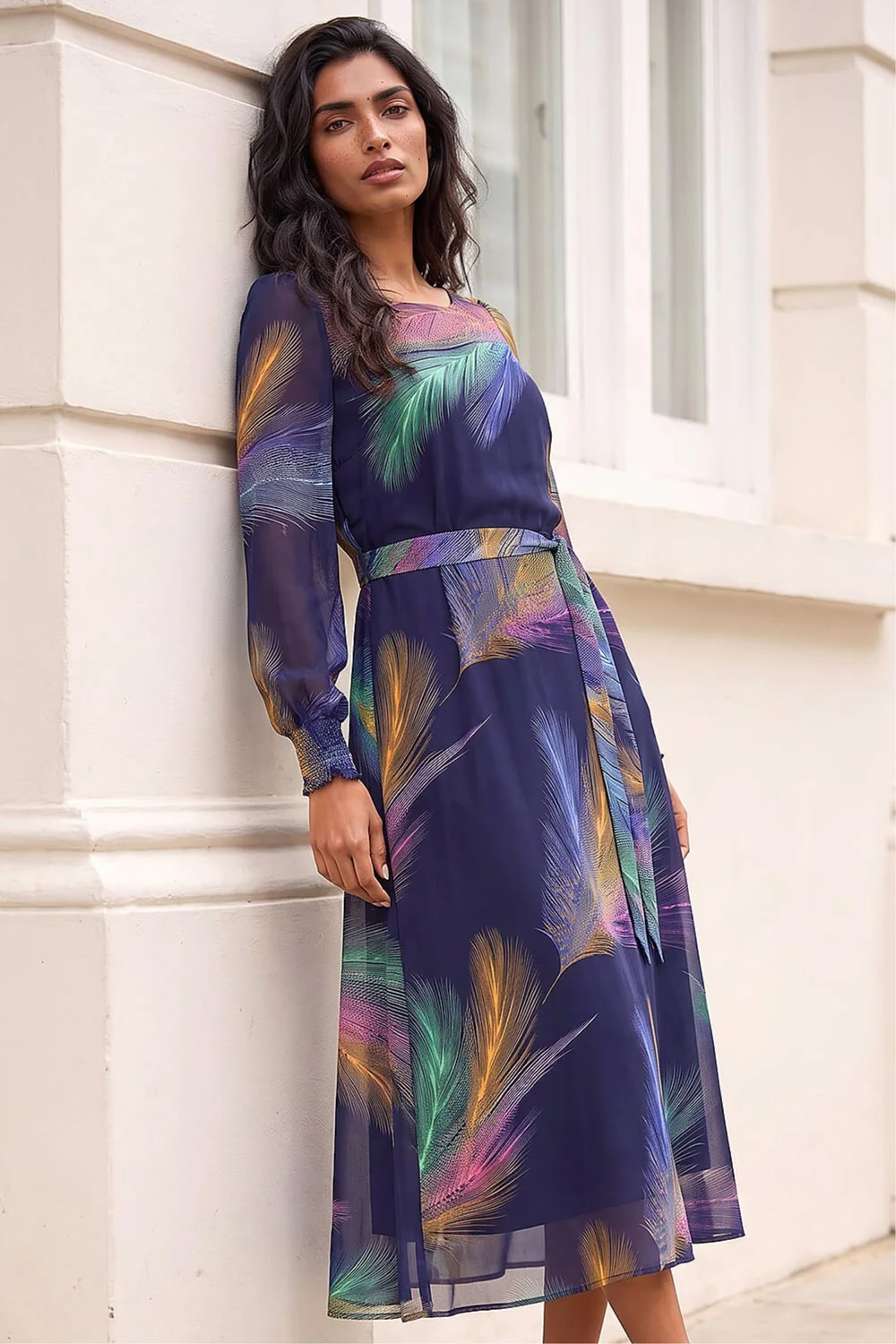 Roman Purple Feather Print Belted Midi Dress - 10 Image 1