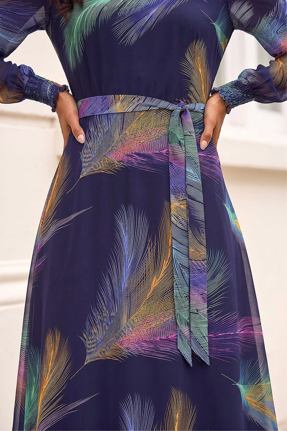 Roman Purple Feather Print Belted Midi Dress - 10 Image 4