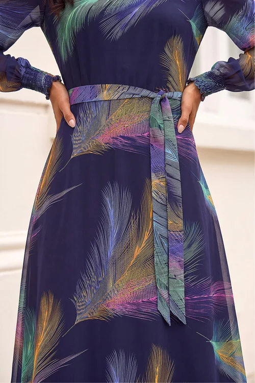 Roman Purple Feather Print Belted Midi Dress - 10 Image 4