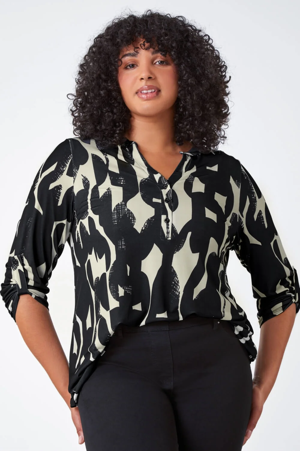 Roman Black Curve Abstract Print V-Neck Jersey Top - Size 20 Image 2