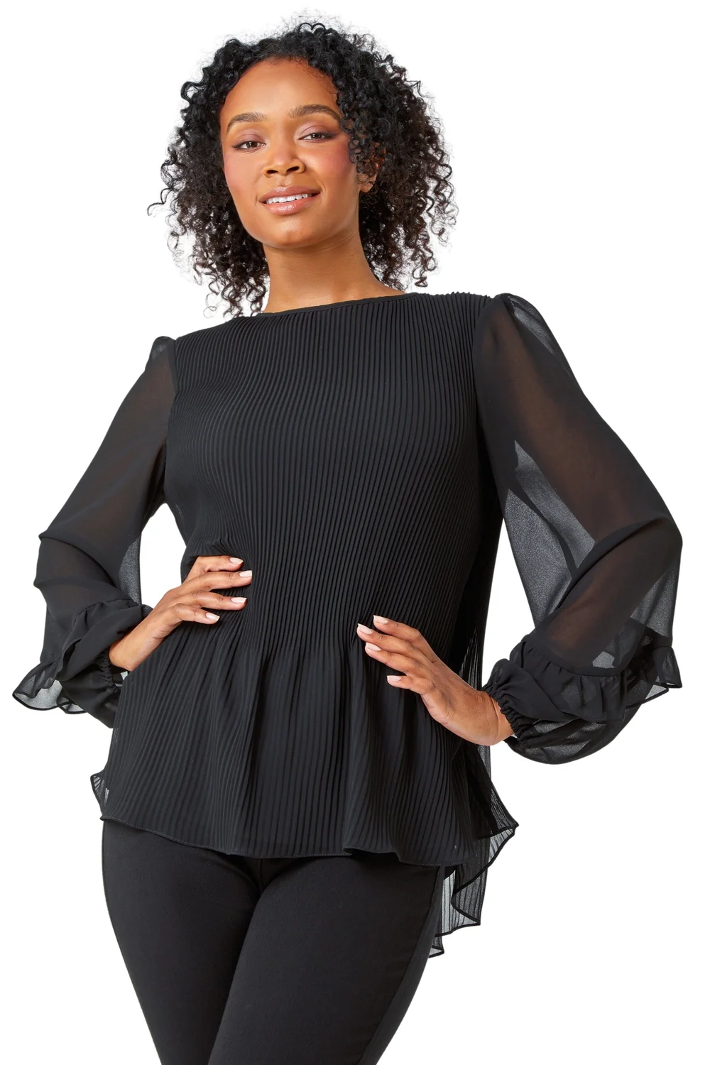 Roman Black Petite Pleated Frill Detail Top - 6 Image 1