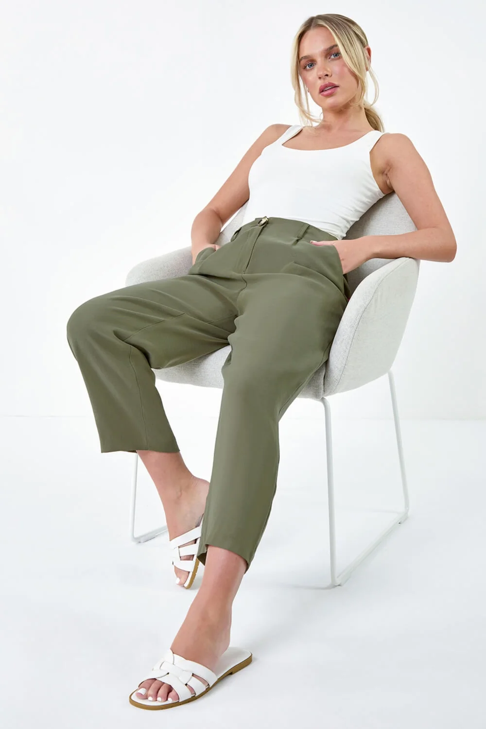 Roman Khaki Petite Cropped Tapered Trousers - 10 Image 3