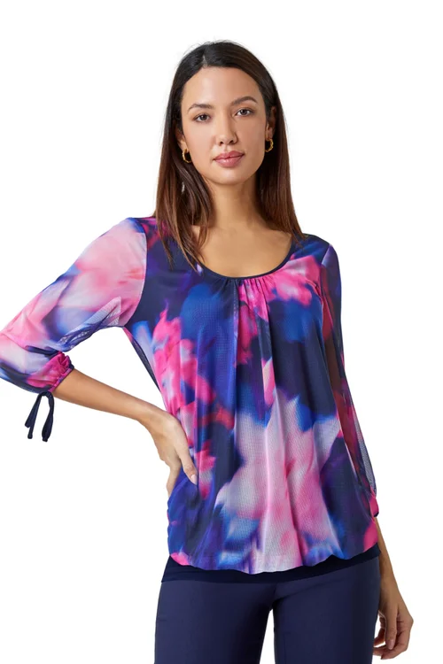 Roman Navy Floral Print Bubble Hem Stretch Top - Size 24 Image 1