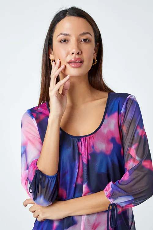 Roman Navy Floral Print Bubble Hem Stretch Top - Size 24 Image 4