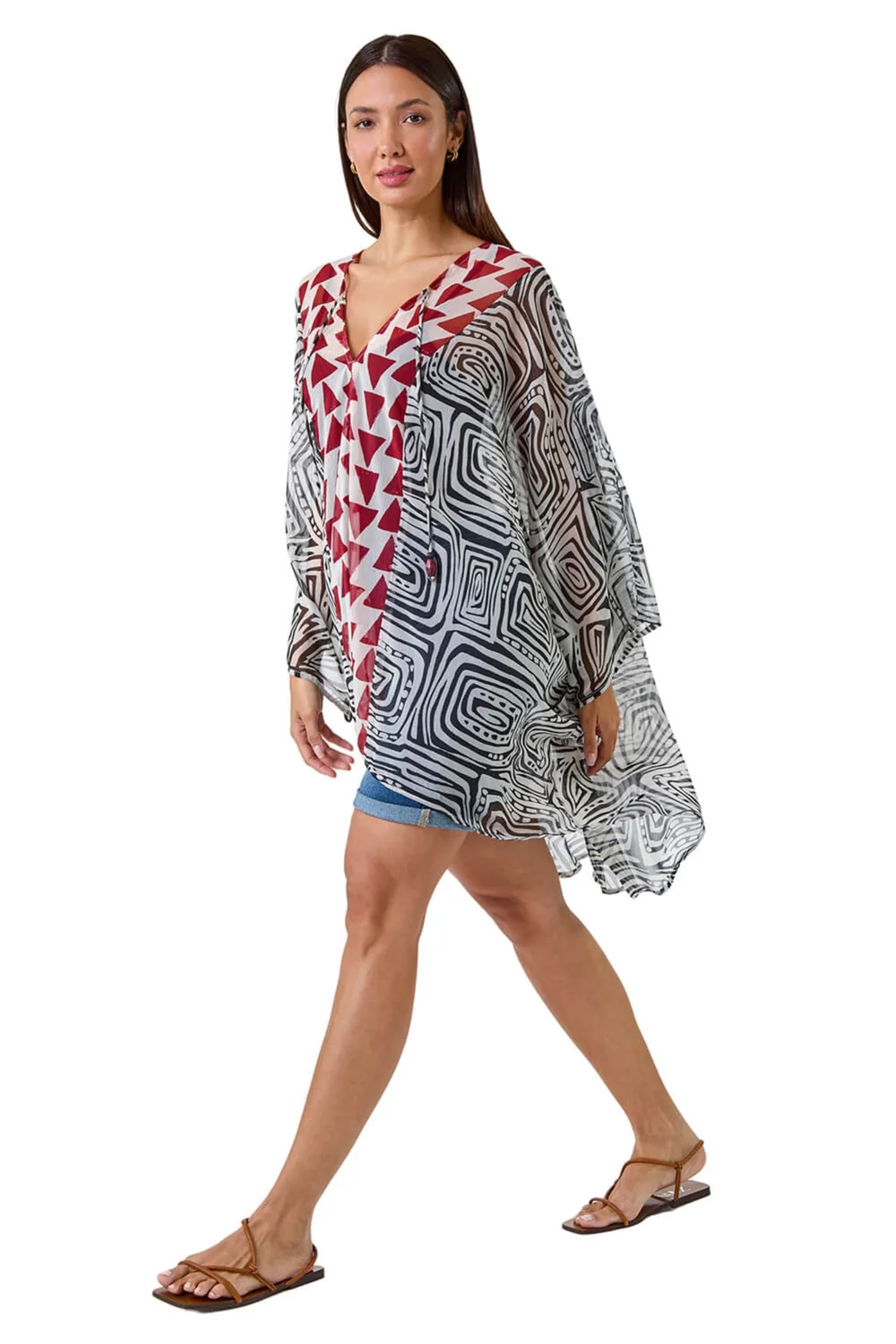 Roman Rust Geometric Print Tie Detail Kaftan - One Size Image 1