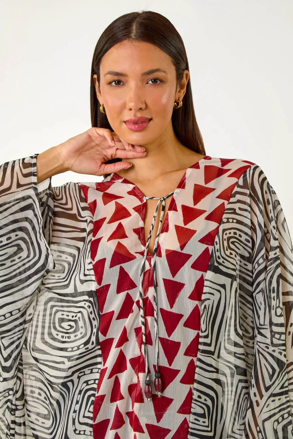 Roman Rust Geometric Print Tie Detail Kaftan - One Size Image 4
