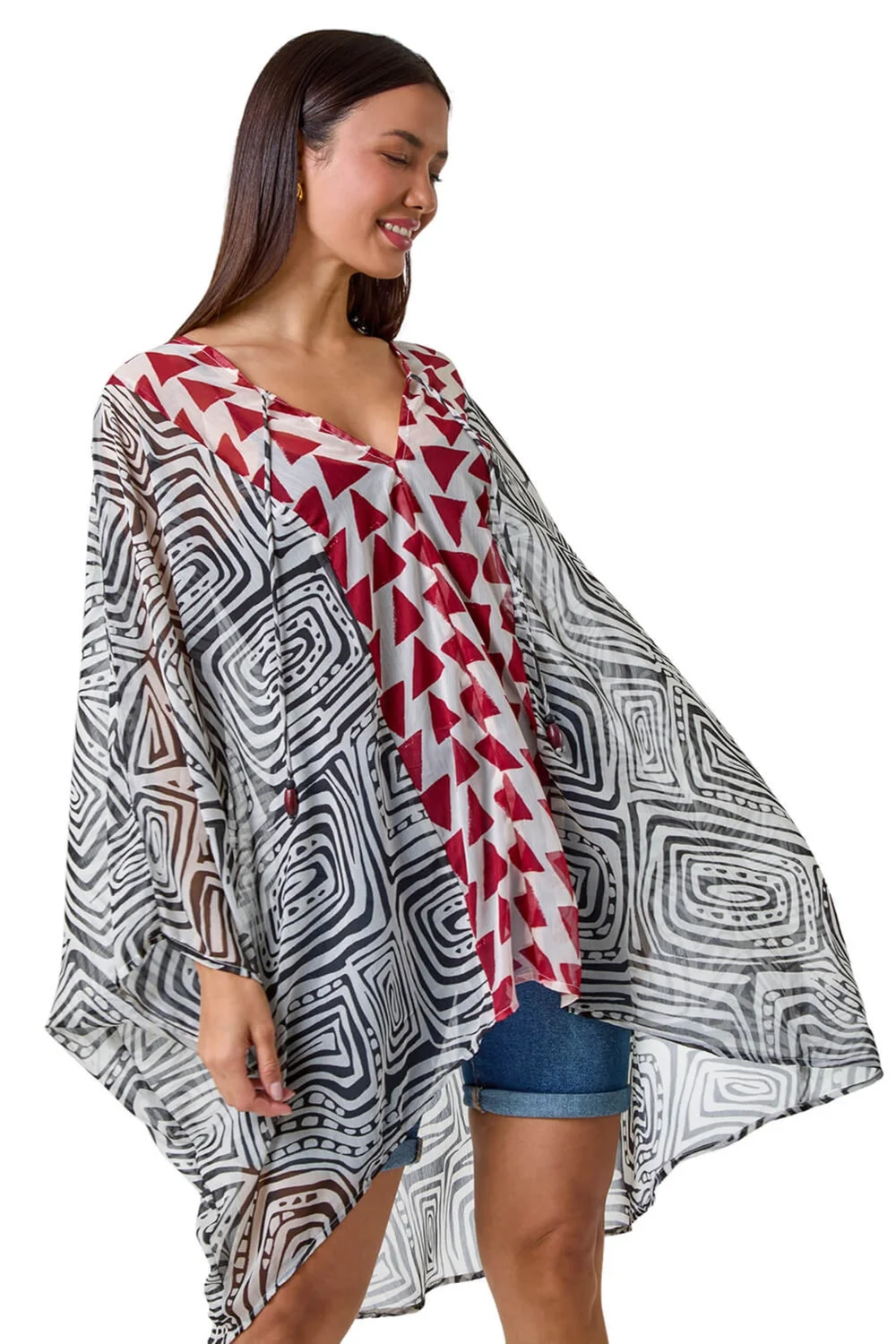 Roman Rust Geometric Print Tie Detail Kaftan - One Size Image 2