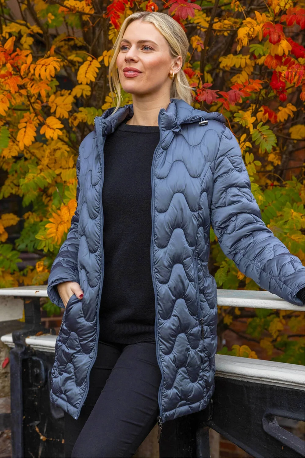 Roman Steel Blue Wave Quilted Puffer Hooded Coat - 10 Image 1