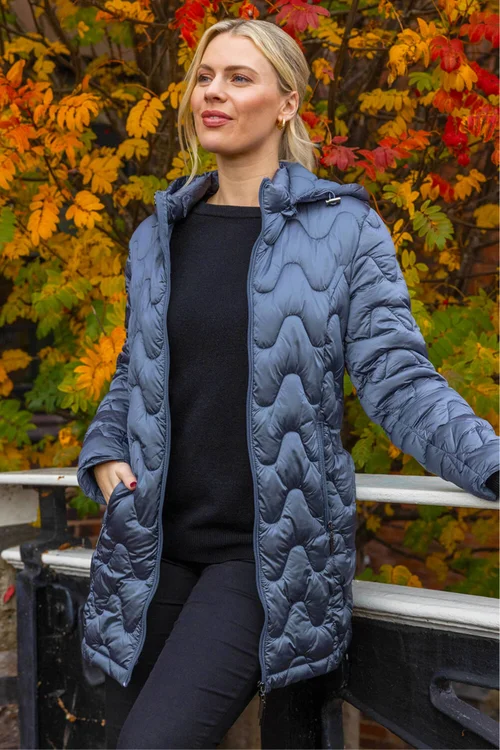 Roman Steel Blue Wave Quilted Puffer Hooded Coat - 10 Image 1