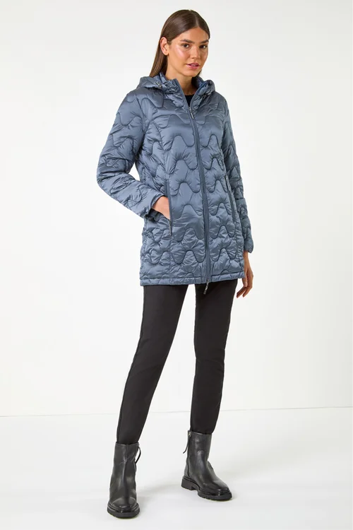Roman Steel Blue Wave Quilted Puffer Hooded Coat - 10 Image 4