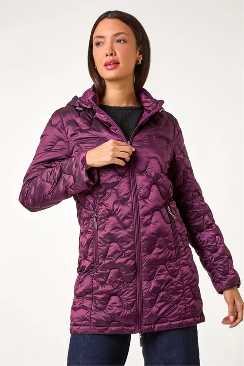 Roman Magenta Wave Quilted Puffer Hooded Coat - 10 Image 4