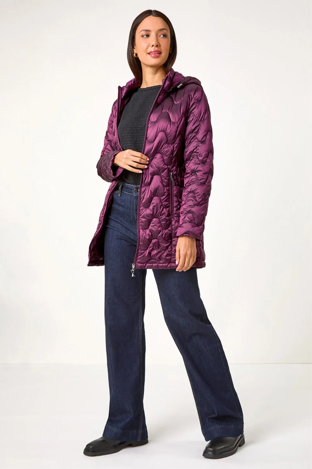 Roman Magenta Wave Quilted Puffer Hooded Coat - 10 Image 2