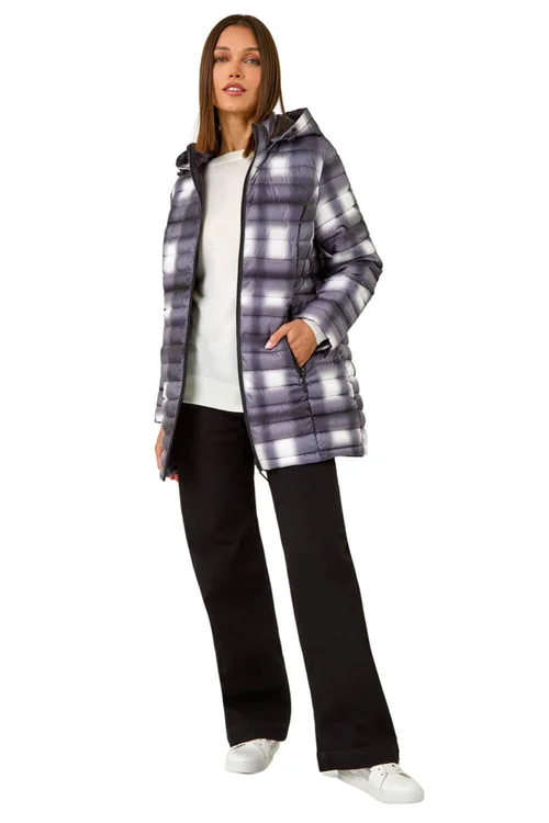 Roman Black Check Print Quilted Puffer Coat - 10 Image 2