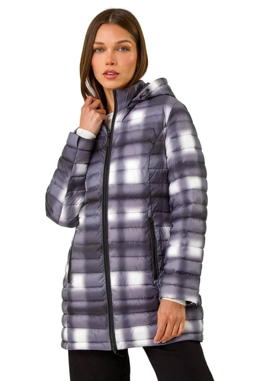 Roman Black Check Print Quilted Puffer Coat - 10 Image 1