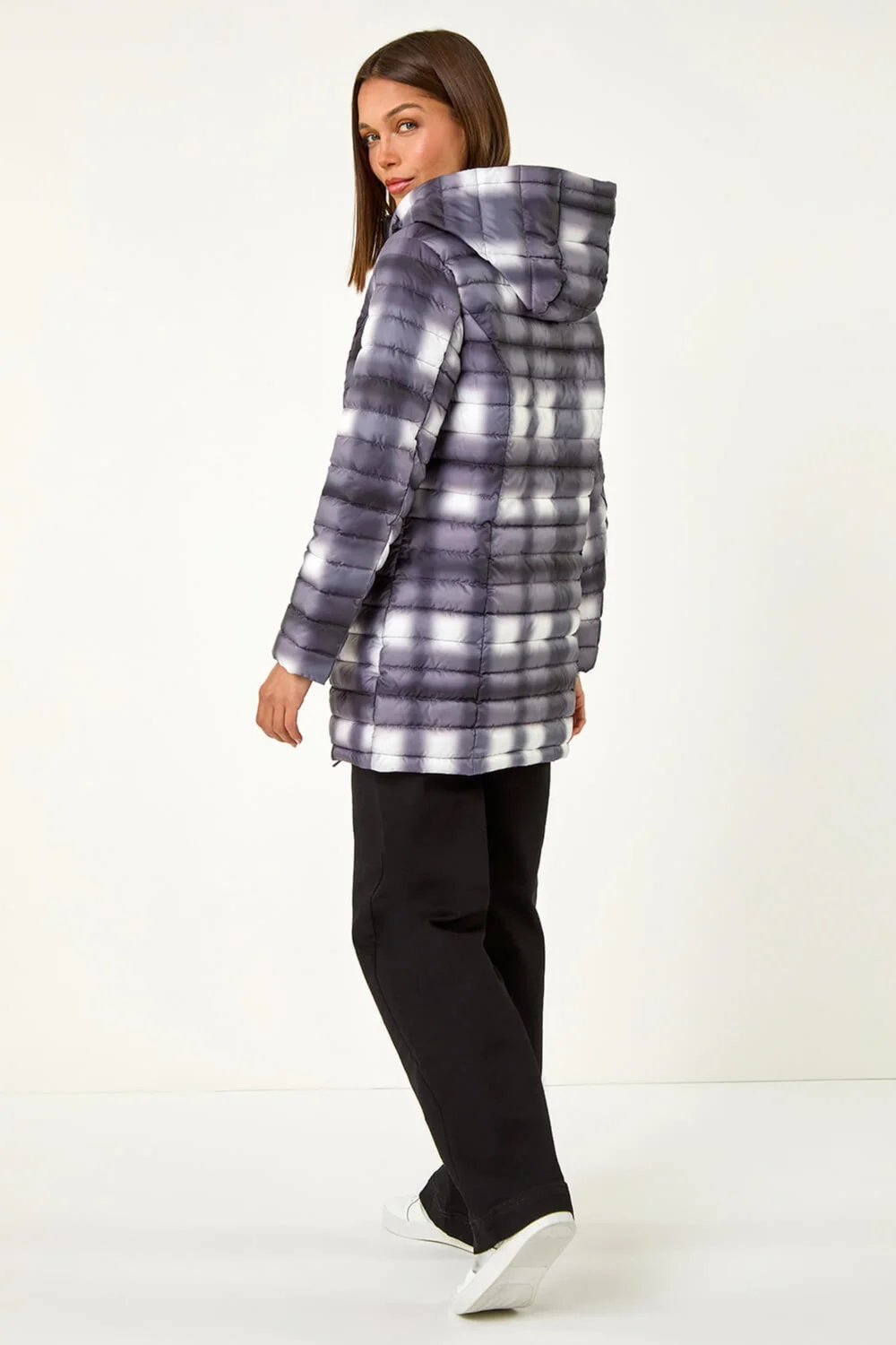 Roman Black Check Print Quilted Puffer Coat - 10 Image 4