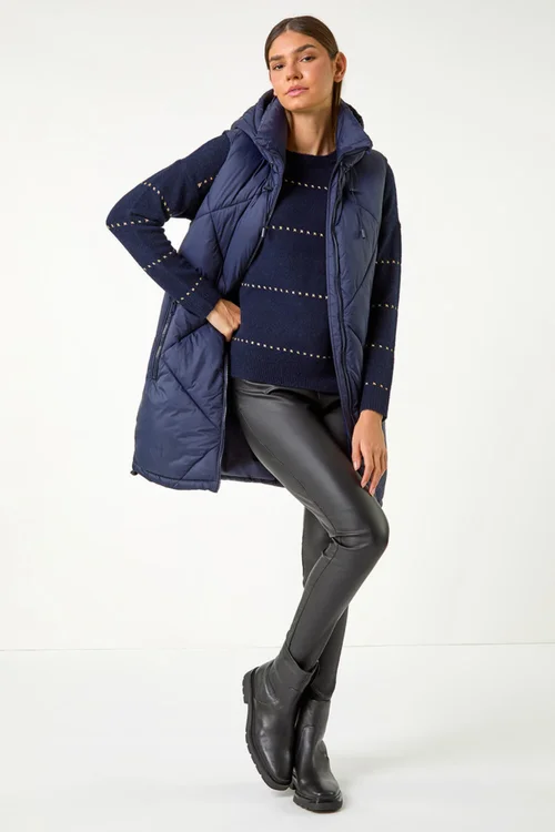 Roman Midnight Blue Longline Quilted Hooded Gilet - 12 Image 4