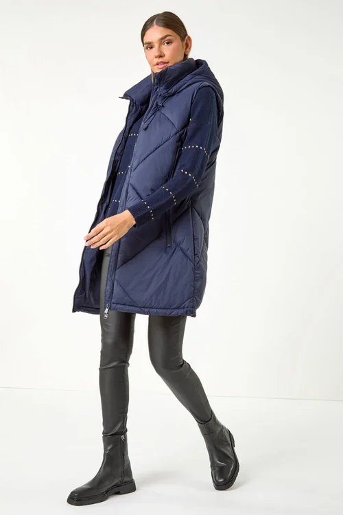 Roman Midnight Blue Longline Quilted Hooded Gilet - 12 Image 3