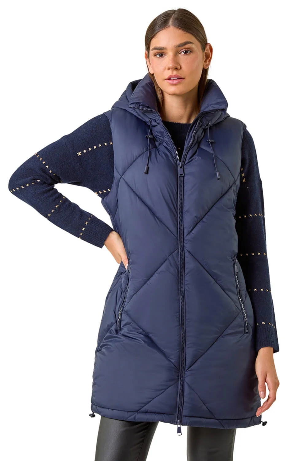 Roman Midnight Blue Longline Quilted Hooded Gilet - 12 Image 1
