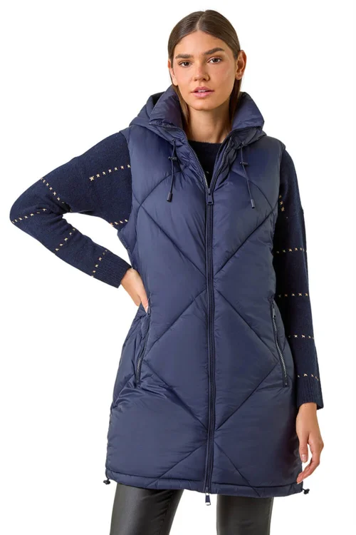 Roman Midnight Blue Longline Quilted Hooded Gilet - 12 Image 1