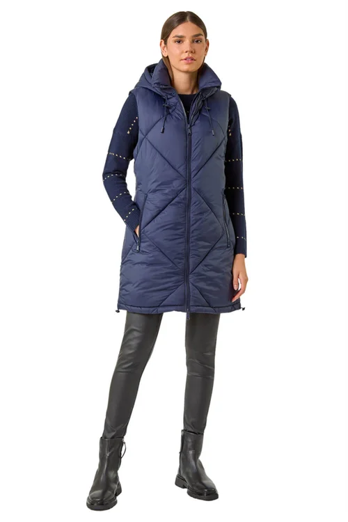 Roman Midnight Blue Longline Quilted Hooded Gilet - 12 Image 2