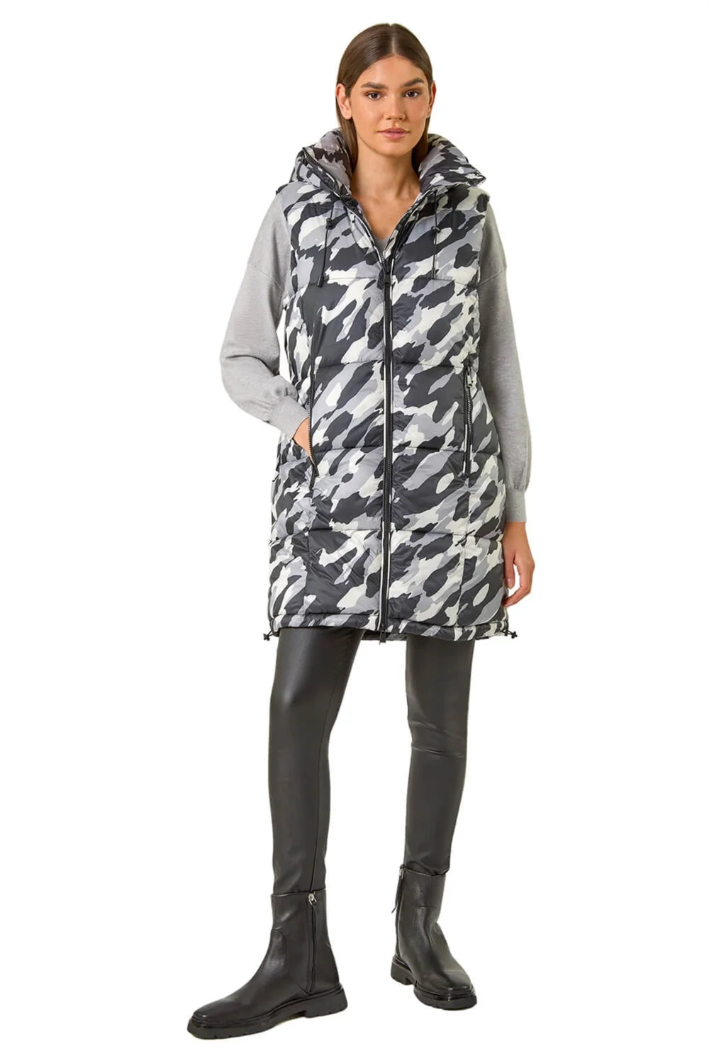 Roman Light Grey Camo Print Longline Hooded Gilet - 16 Image 2
