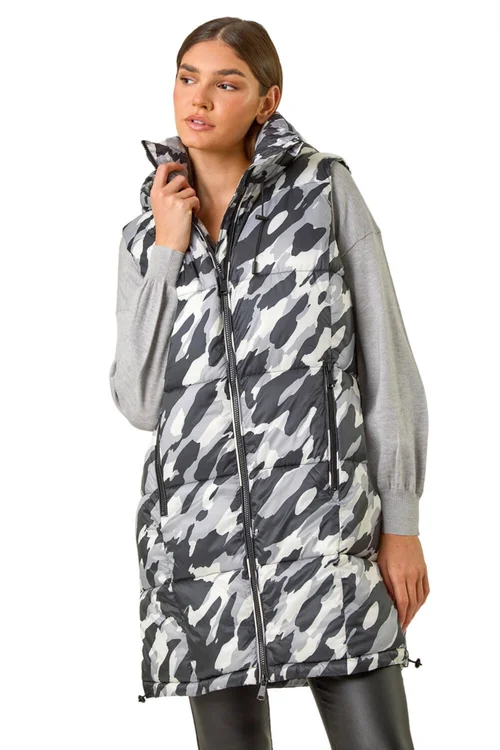 Roman Light Grey Camo Print Longline Hooded Gilet - 16 Image 1