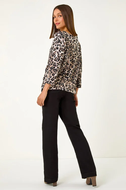 Roman Taupe Animal Print Embellished Neck Jumper - 18 Image 3