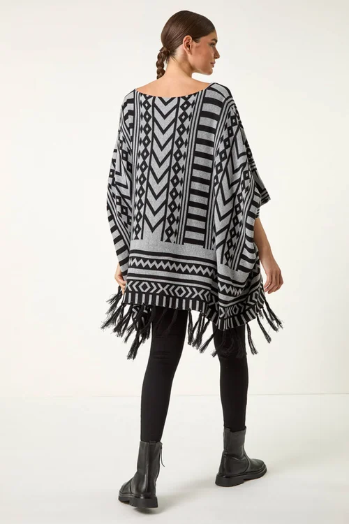 Roman Light Grey Tribal Pattern Fringe Poncho Jumper - Small/Medium Image 4