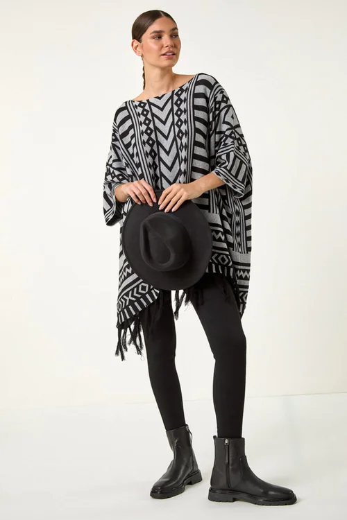 Roman Light Grey Tribal Pattern Fringe Poncho Jumper - Small/Medium Image 3