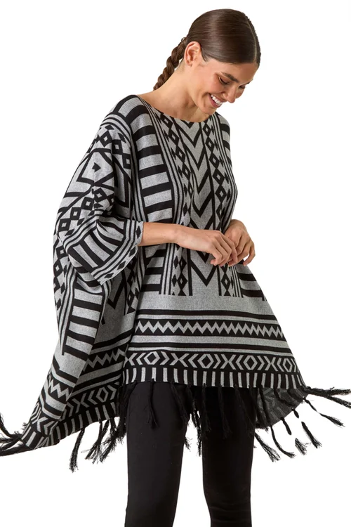 Roman Light Grey Tribal Pattern Fringe Poncho Jumper - Small/Medium Image 1
