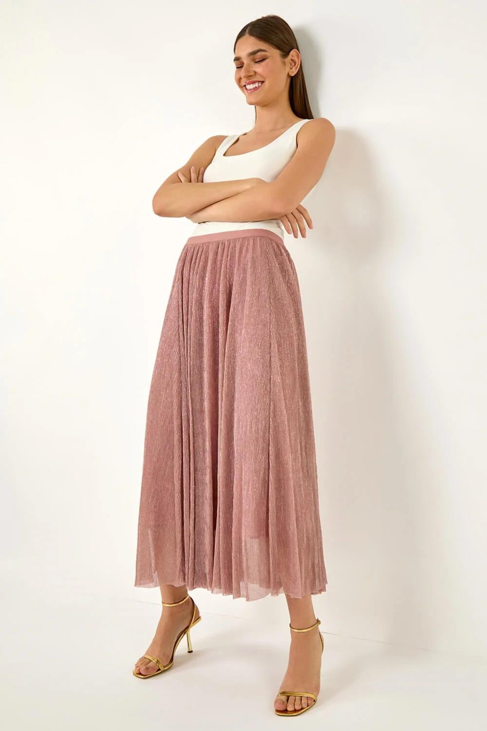 Roman Pink A-Line Shimmer Stretch Midi Skirt - Size 20 Image 2