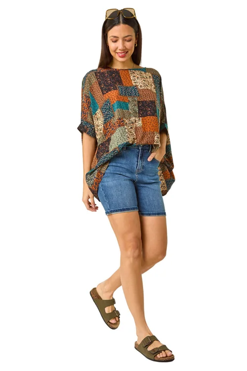 Roman Dark Green Paisley Patchwork Print Woven Top - Size 22 Image 4