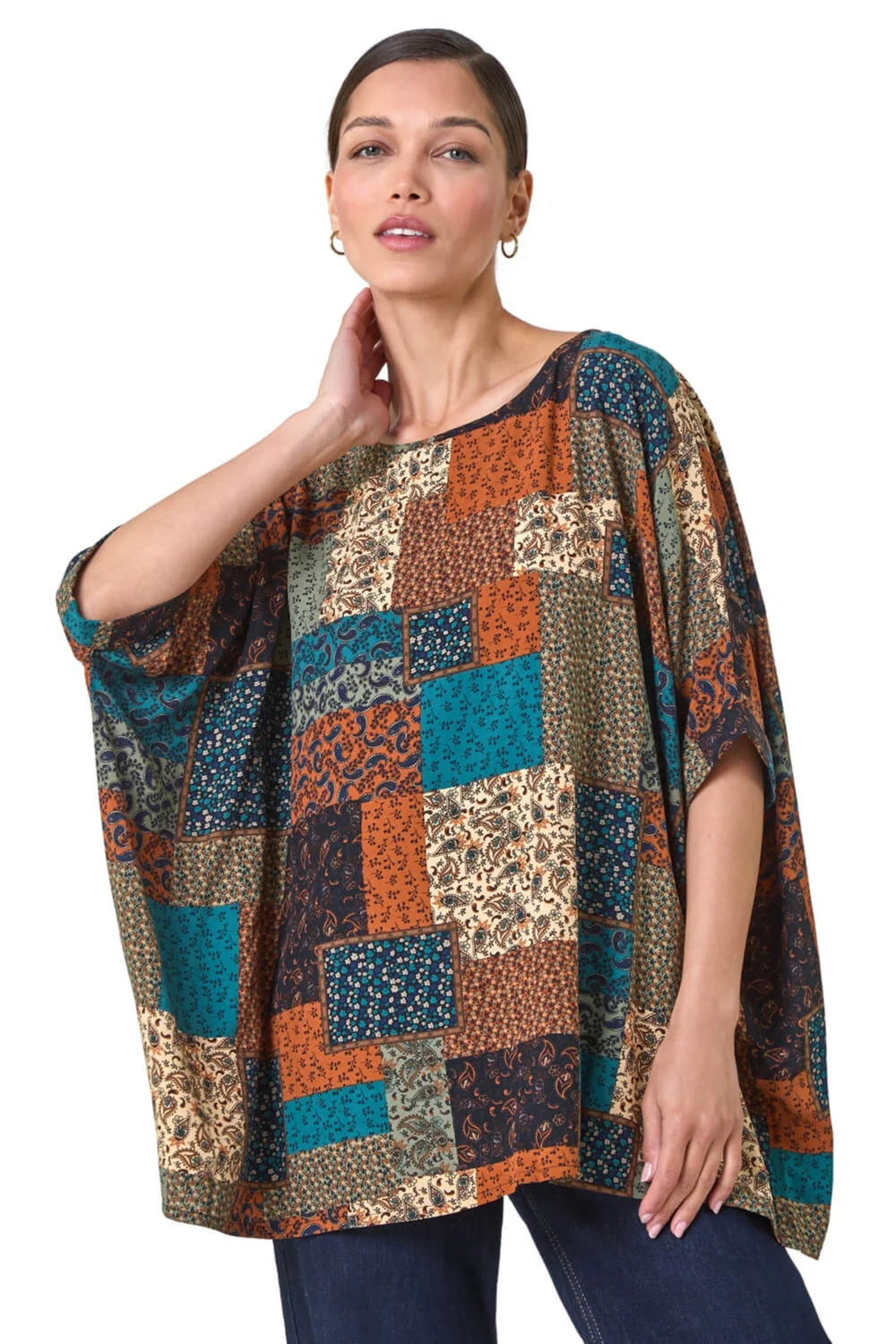 Roman Dark Green Paisley Patchwork Print Woven Top - Size 22 Image 1