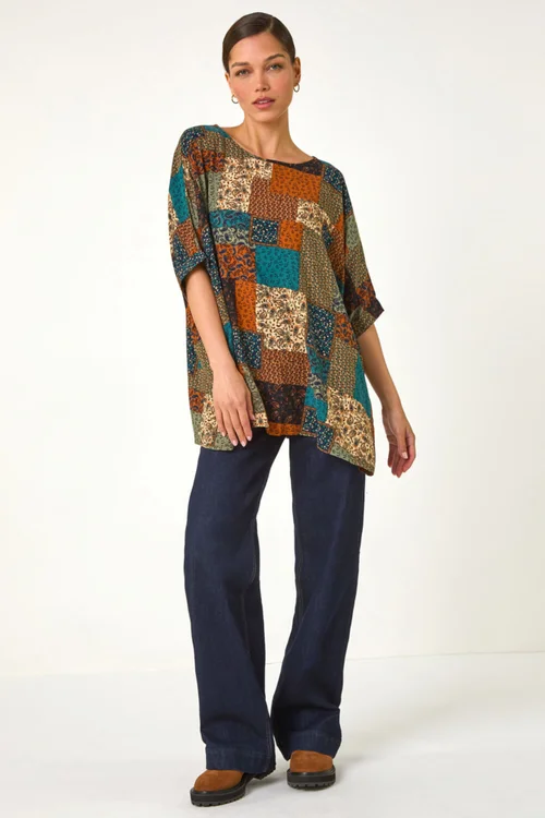 Roman Dark Green Paisley Patchwork Print Woven Top - Size 22 Image 3