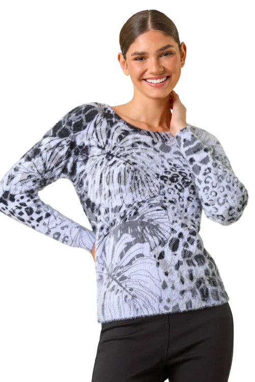 Roman Light Blue Fluffy Tropical Print Knit Jumper - Size 22 Image 1