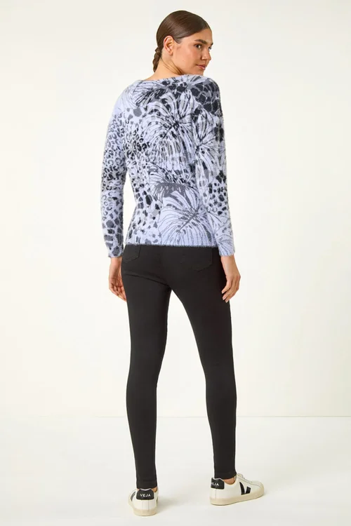 Roman Light Blue Fluffy Tropical Print Knit Jumper - Size 22 Image 3