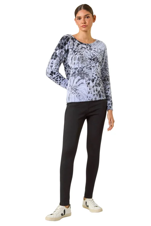 Roman Light Blue Fluffy Tropical Print Knit Jumper - Size 22 Image 2