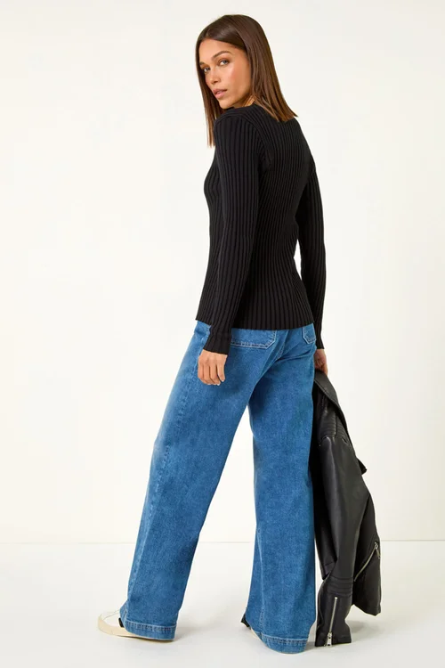 Roman Black Cable Split Detail Rib Jumper - 10 Image 3