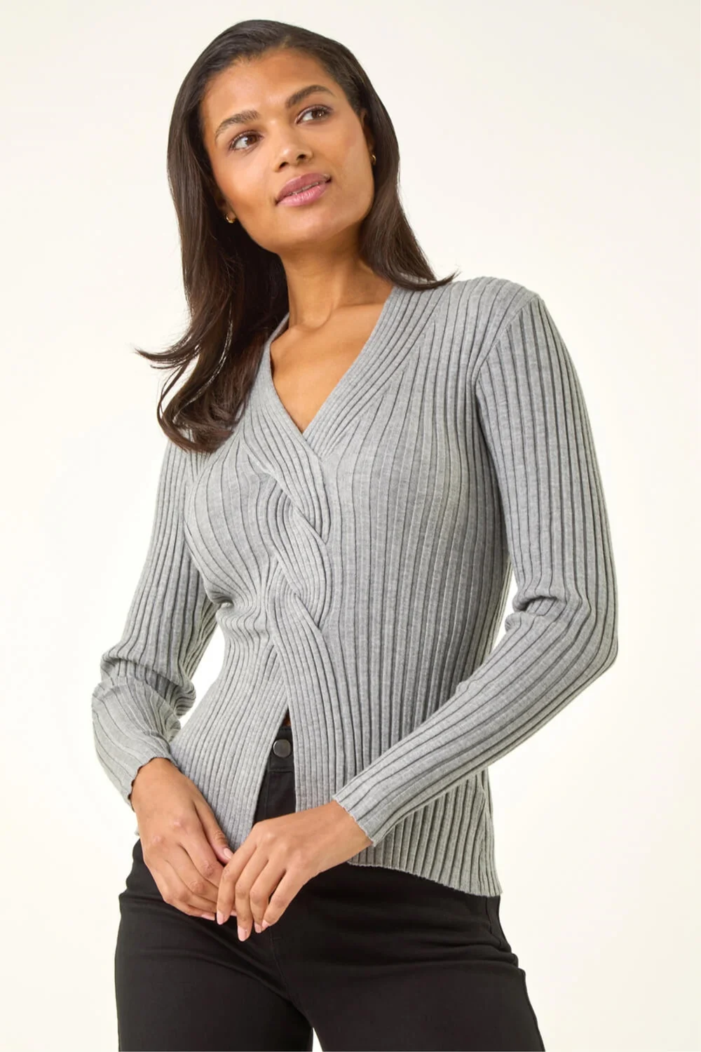 Roman Grey Cable Split Detail Rib Jumper - 12 Image 1